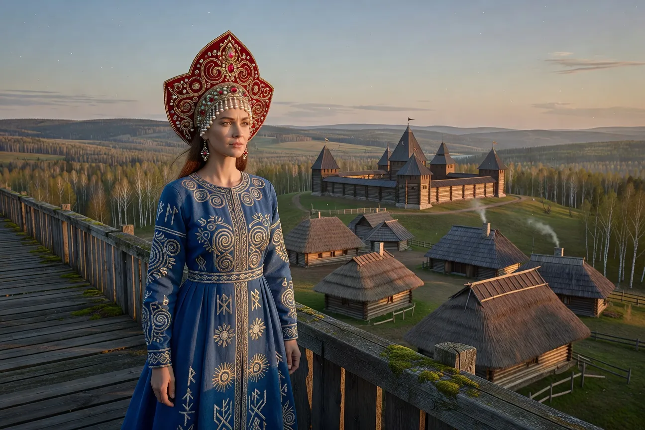 Femme portant un kokochnik russe élaboré à l'intérieur d'un décor médiéval aux ornements slaves
