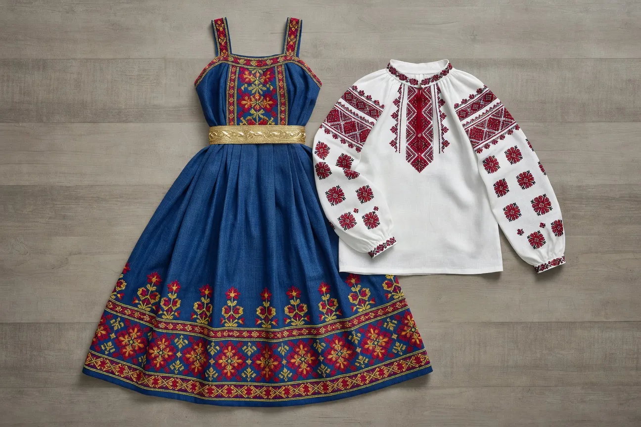Détail d’un sarafan bleu brodé d’or avec ceinture folklorique russe, posé à plat en studio