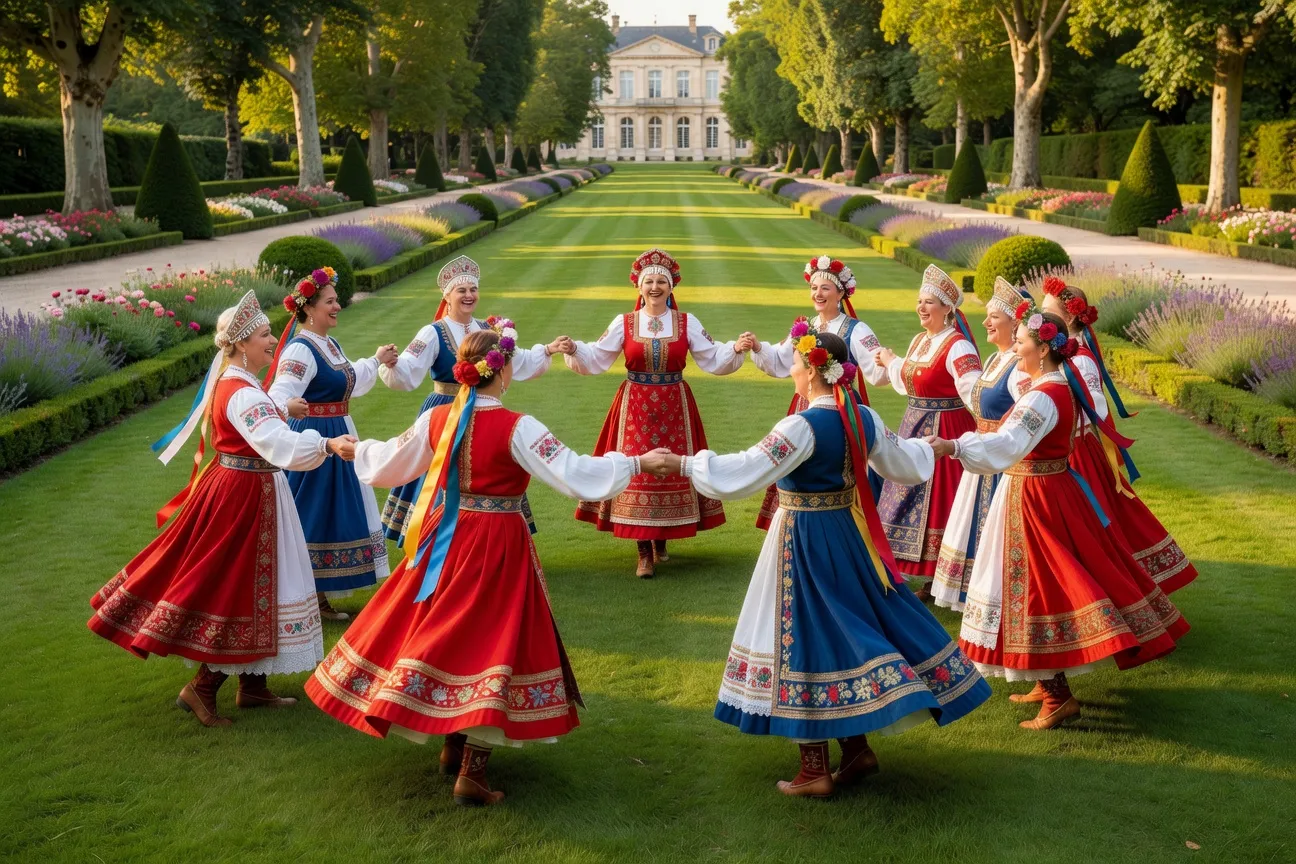 Groupe de femmes en costumes russes traditionnels dansant un khorovod en cercle dans un parc