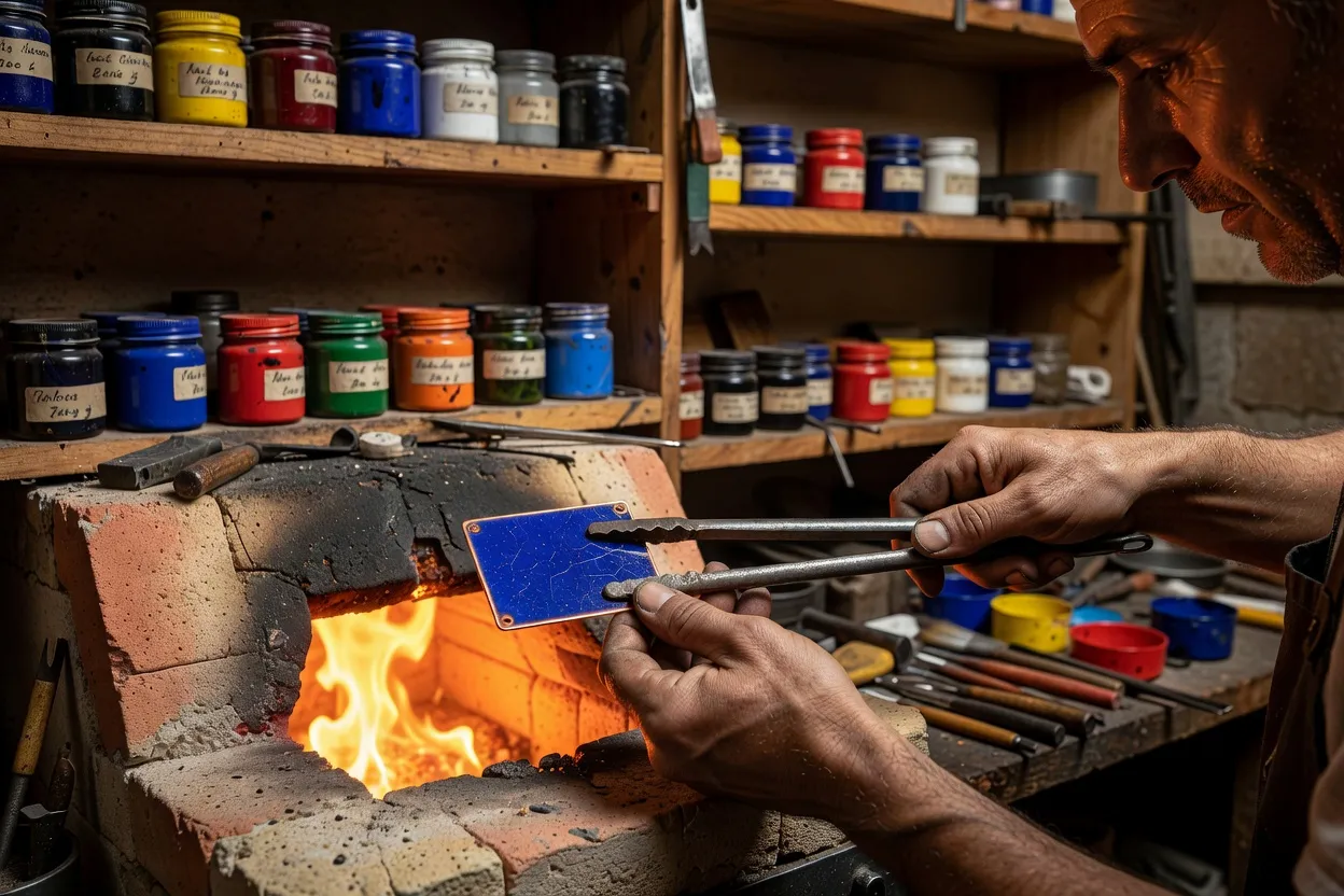 Artisan retirant une plaque d'émail bleu du four traditionnel avec des pinces, entouré de pots de pigments