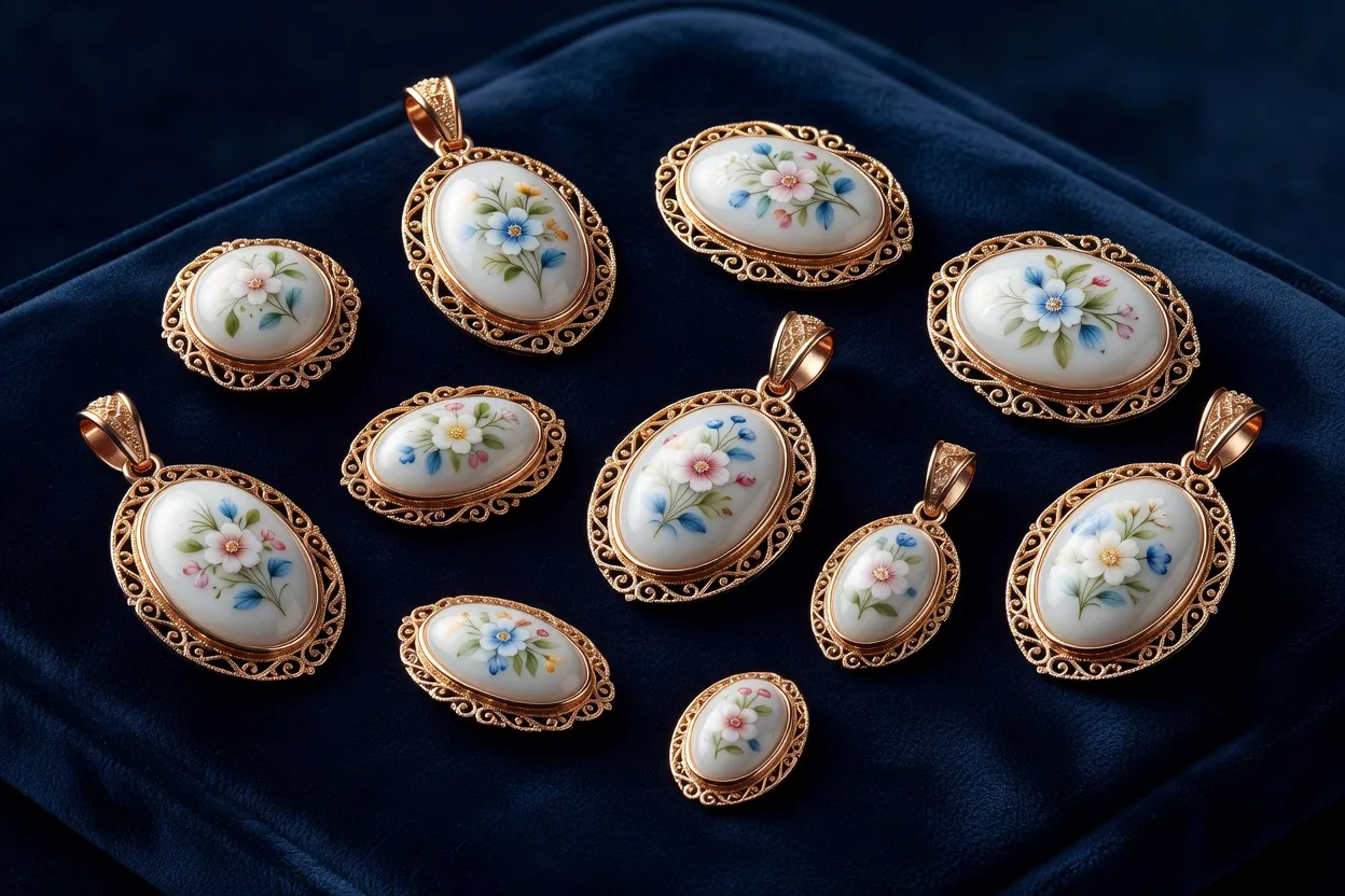 Collection de broches et pendentifs finift avec motifs floraux peints à la main, sertis dans des montures dorées filigranées