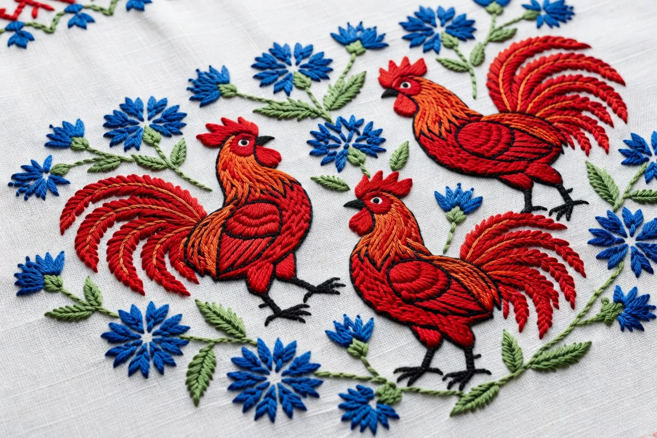 Détail d'un motif de broderie russe sur un foulard blanc avec coqs rouges et bleuets