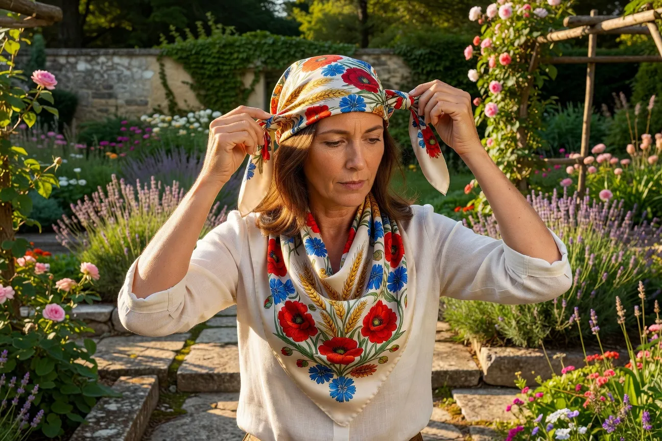 Femme française portant un foulard russe noué autour de la tête dans un jardin