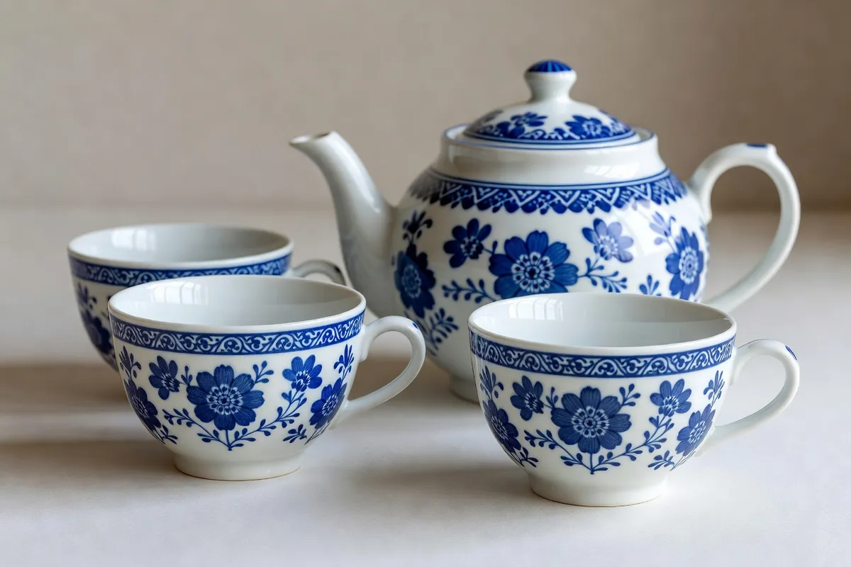 Collection de porcelaine Gzhel bleu et blanc alignée en vitrine