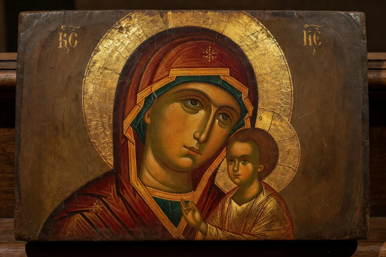 Détail d'une icône orthodoxe russe de la Vierge de Vladimir, or en feuille et nimbe doré