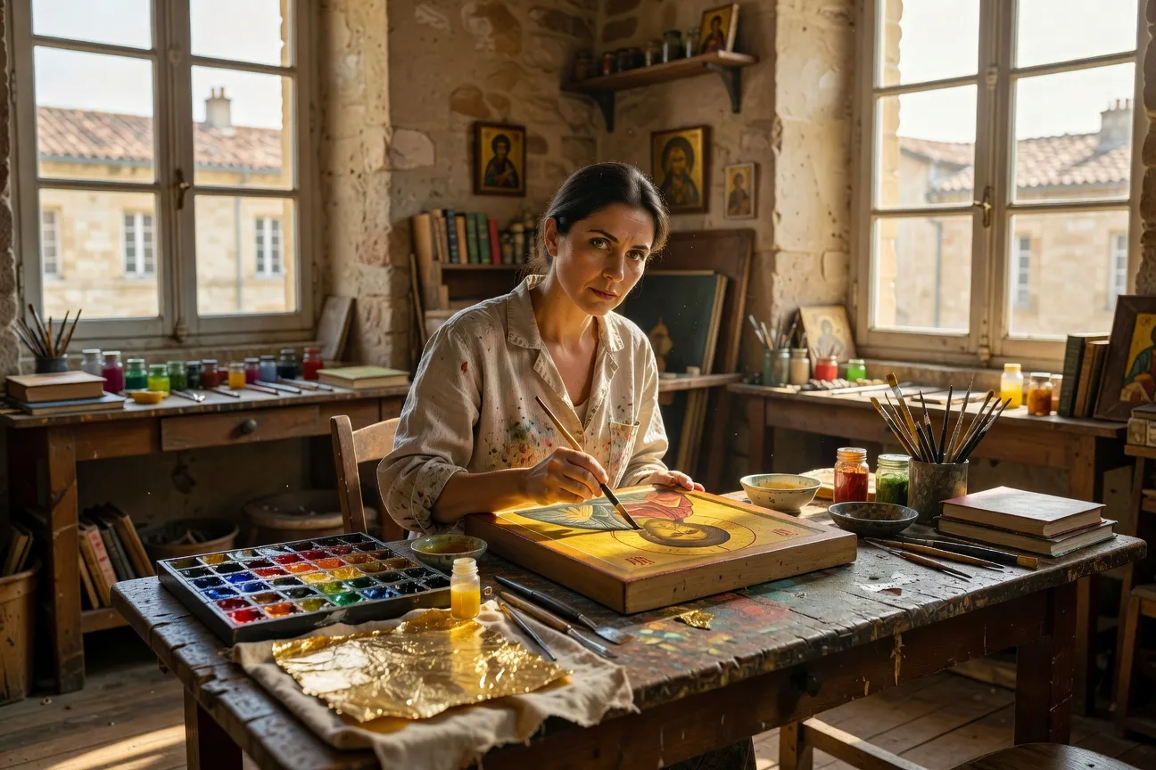 Iconographe travaillant une icône orthodoxe russe à la tempera à l'œuf, atelier en lumière naturelle