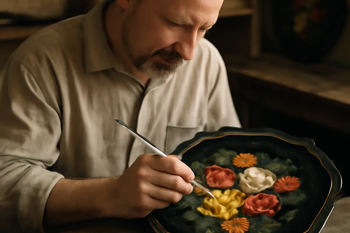 Artisan peignant un motif floral sur plateau métallique russe
