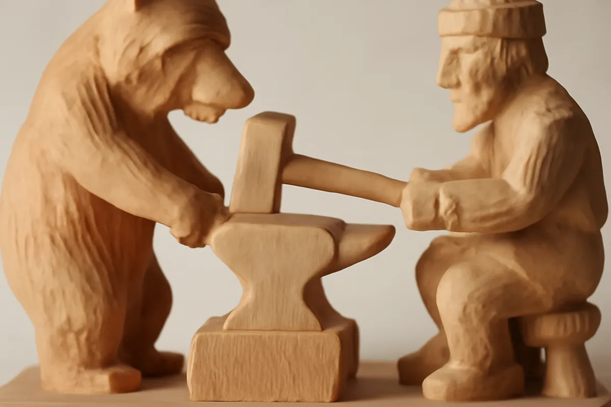 Jouet en bois sculpté ours et moujik forgeron Bogorodskoïe