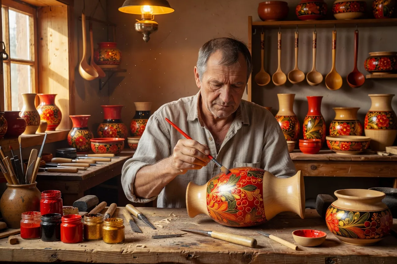 Artisan russe peignant des motifs Khokhloma sur un vase en bois, atelier traditionnel