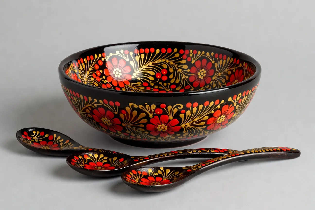 Bol et cuillères Khokhloma peints à la main, motifs floraux rouges et noirs sur fond doré