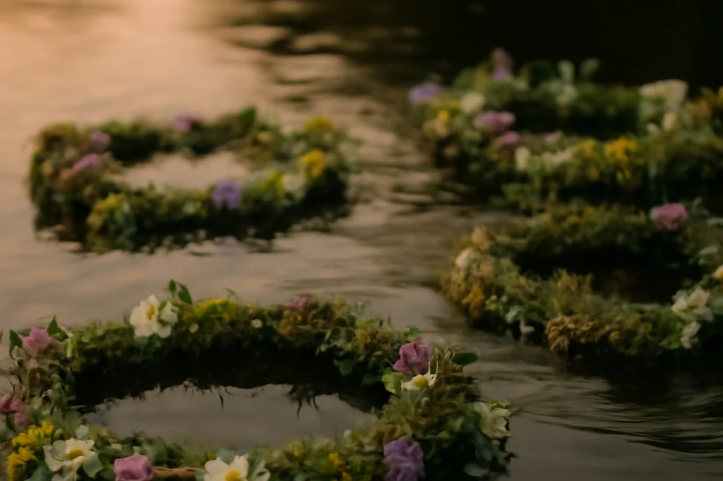 Plusieurs couronnes de fleurs sauvages flottant à la surface d'une rivière au crépuscule, reflets dorés sur l'eau