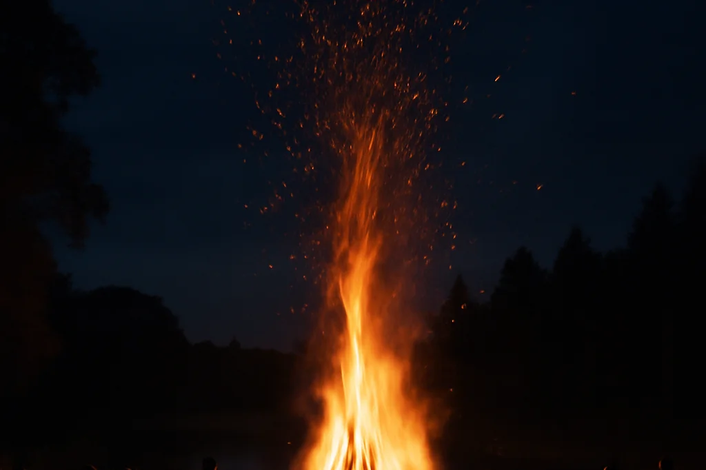 Grand feu de joie nocturne dans une clairière au bord d'une rivière, étincelles s'élevant dans le ciel sombre