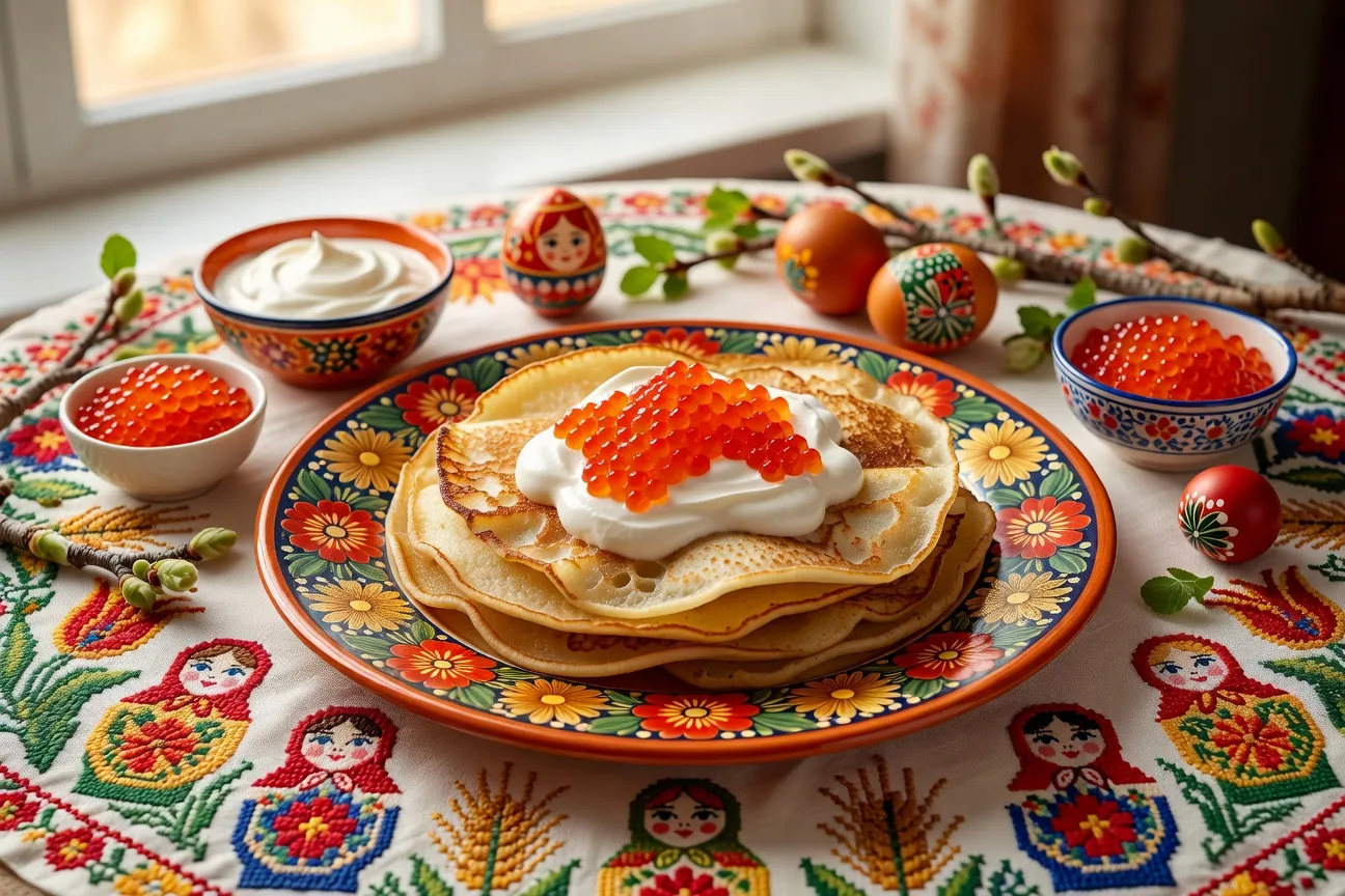 Blinis russes traditionnels sur une table festive slave