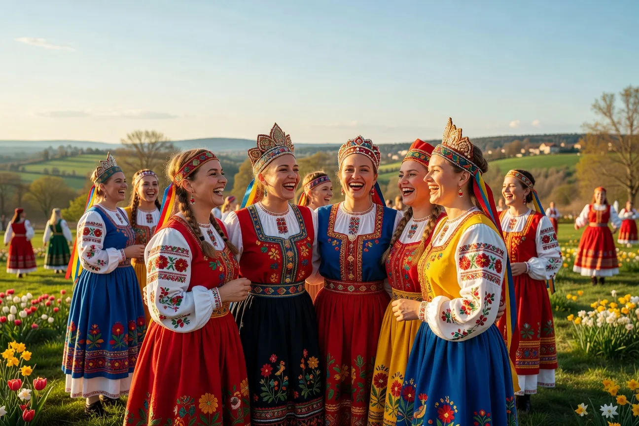 Femmes en robes russes traditionnelles colorées lors d'une Maslennitsa en France