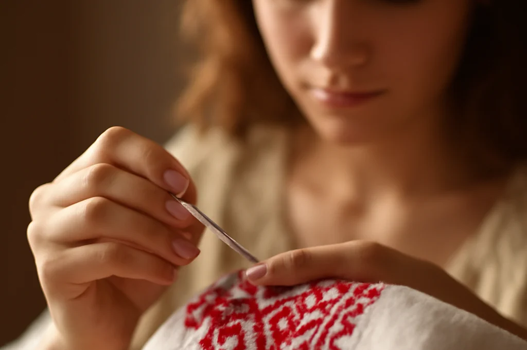 Gros plan de mains brodant un motif géométrique rouge et blanc sur du tissu de lin, technique traditionnelle slave