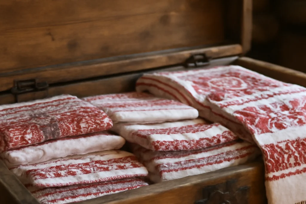 Coffre en bois ancien ouvert rempli de linge brodé traditionnel en rouge et blanc, motifs géométriques slaves