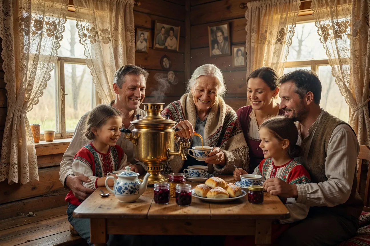Cérémonie du thé russe avec samovar moderne, famille réunie