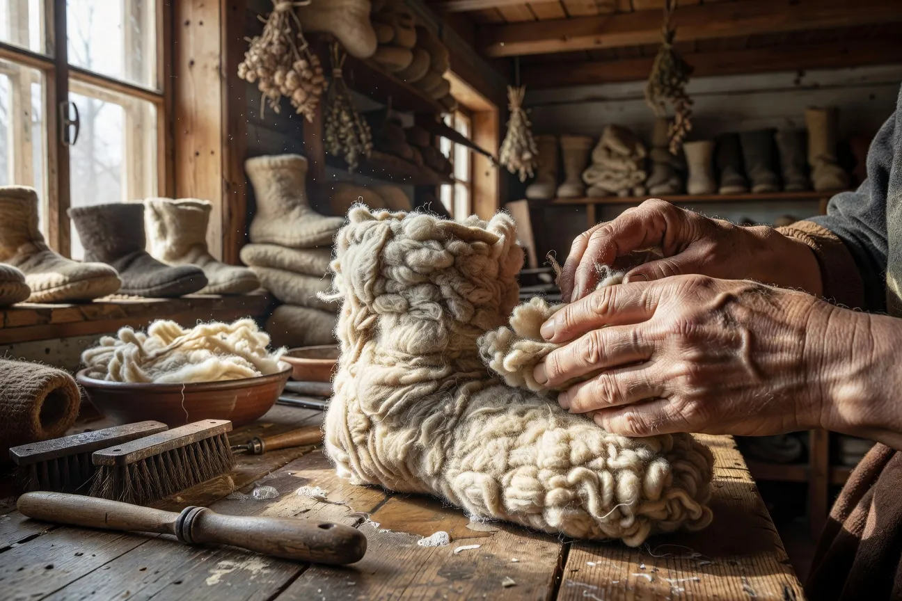 Gros plan de mains feutrant de la laine brute en forme de botte valenki dans un atelier artisanal