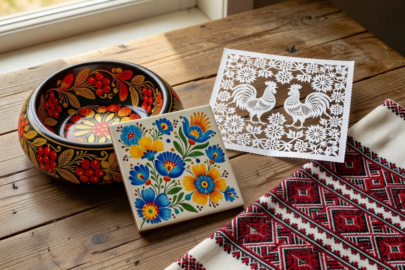 Flat lay de produits artisanaux slaves : bol Khokhloma russe, tuile petrykivka ukrainienne, wycinanki polonaise et broderie biélorusse sur table en bois