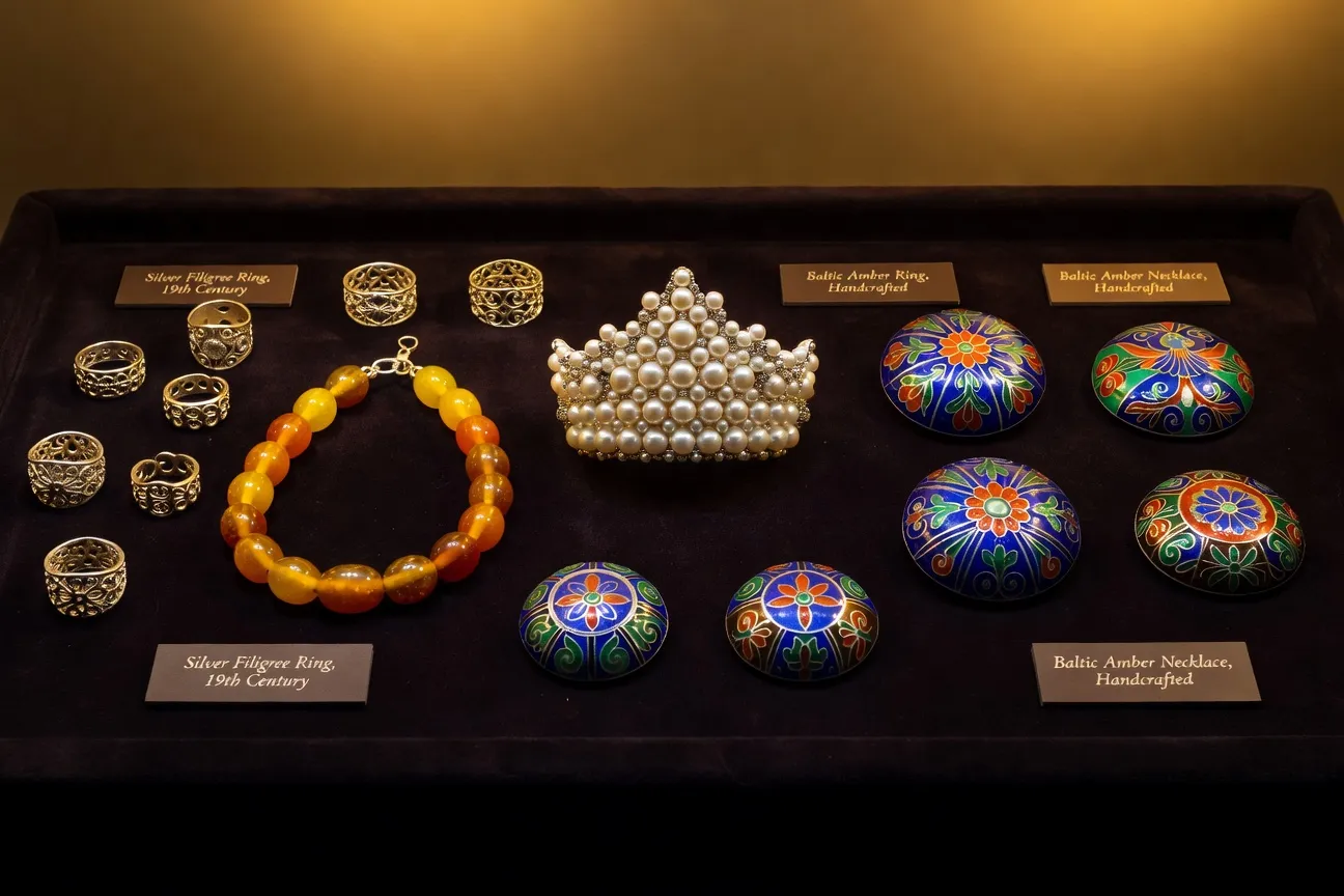 Flat lay de bijoux russes traditionnels : bagues filigrane argent, collier ambre Baltique, broches émail cloisonné sur velours sombre