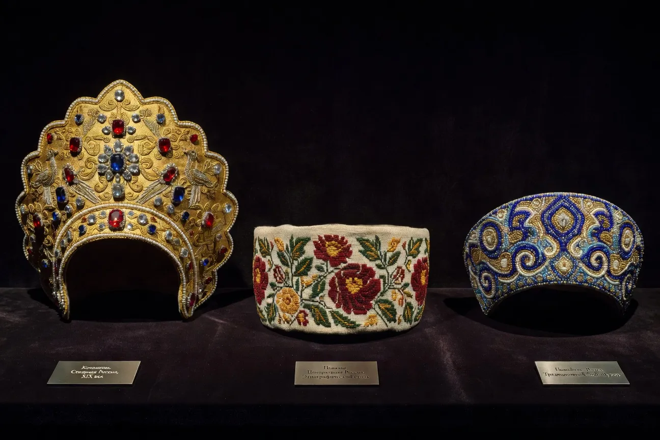 Coiffes russes traditionnelles kokochnik et bandeau brodé