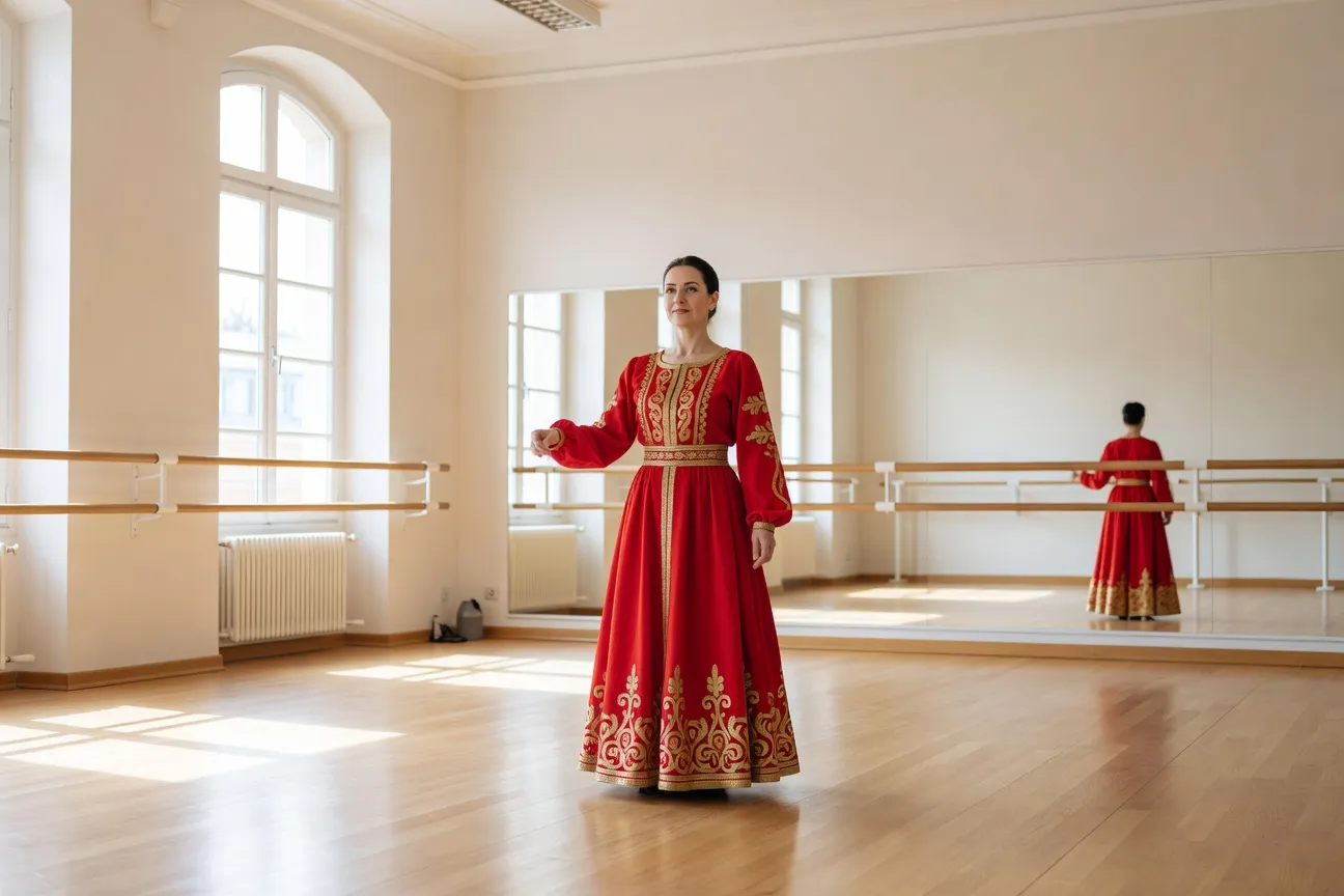 Professeure de danse folklorique russe en sarafan rouge et or dans un studio lyonnais