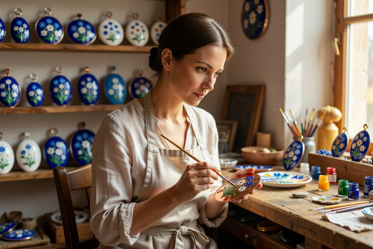 Artisane peignant à la main un motif floral sur une plaque d'émail cuivre dans un atelier de finift à Rostov Veliki