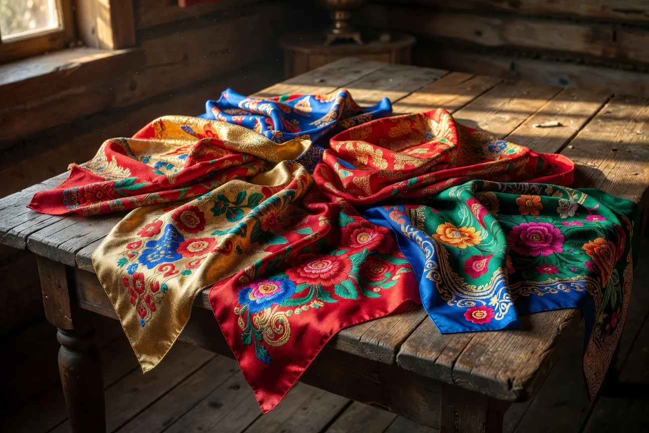 Collection de foulards russes traditionnels aux motifs floraux rouge, or et bleu, sur table en bois
