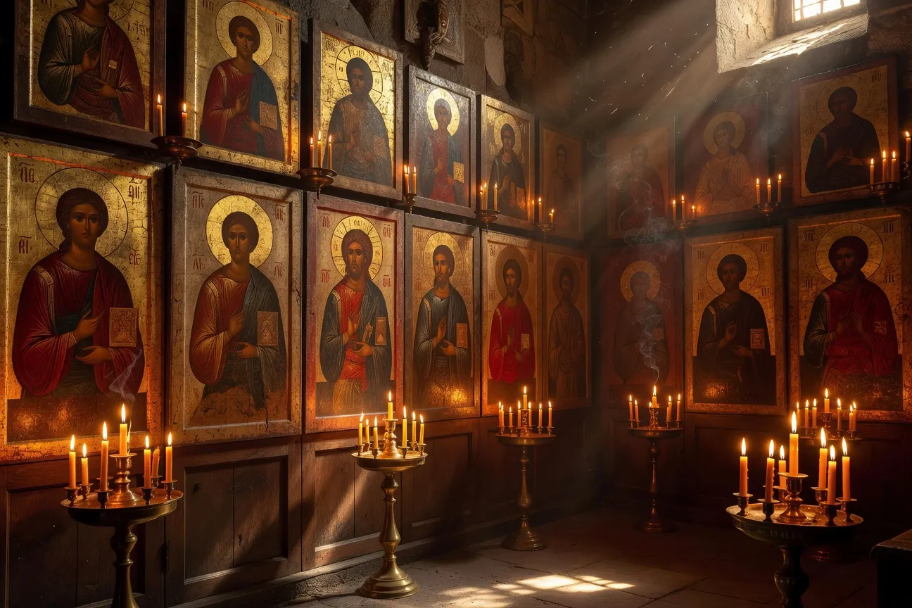 Collection d'icônes orthodoxes russes exposées dans un cadre lumineux avec bougies, halos dorés en tempera, style Novgorod