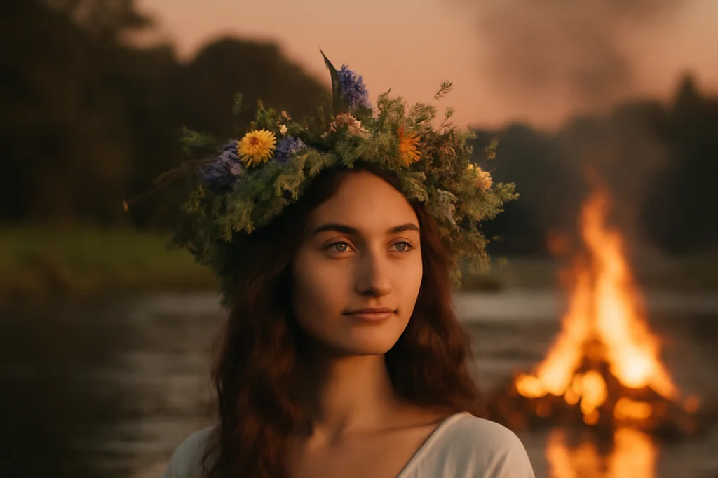 Jeune femme portant une couronne de fleurs sauvages au bord d'une rivière, grand feu de joie allumé en arrière-plan au crépuscule