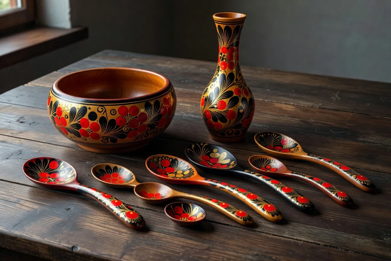 Collection d'objets Khokhloma peints à la main : bol, cuillères, vase avec motifs floraux rouges et noirs sur fond doré