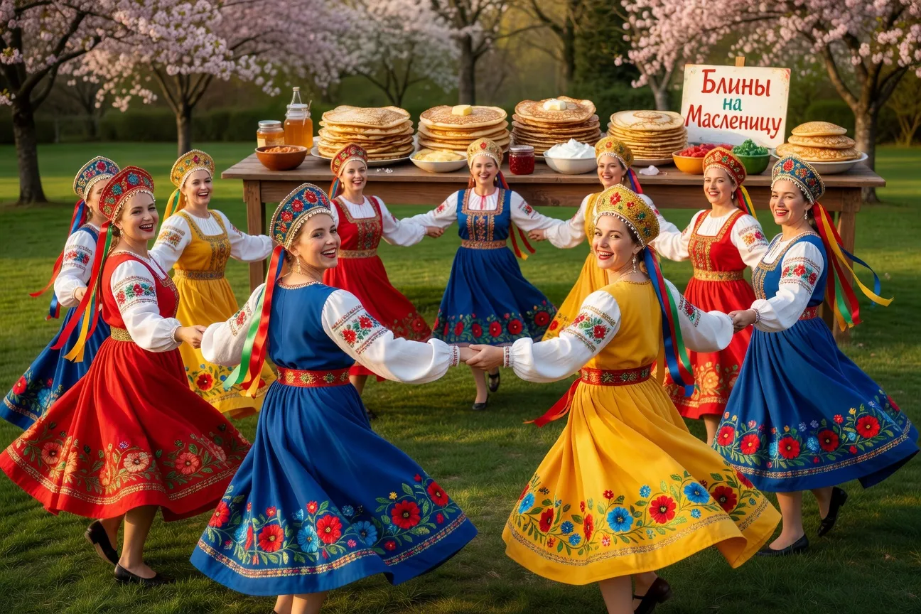 Femmes en robes russes sarafanes colorées dansant lors d'une Maslennitsa en France, printemps
