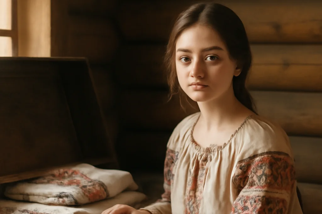 Jeune femme en blouse brodée traditionnelle agenouillée près d'un coffre en bois ancien rempli de linge brodé