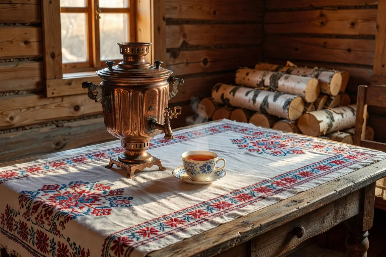 Samovar en cuivre doré traditionnel russe sur table en bois avec tasse de thé, intérieur rustique russe