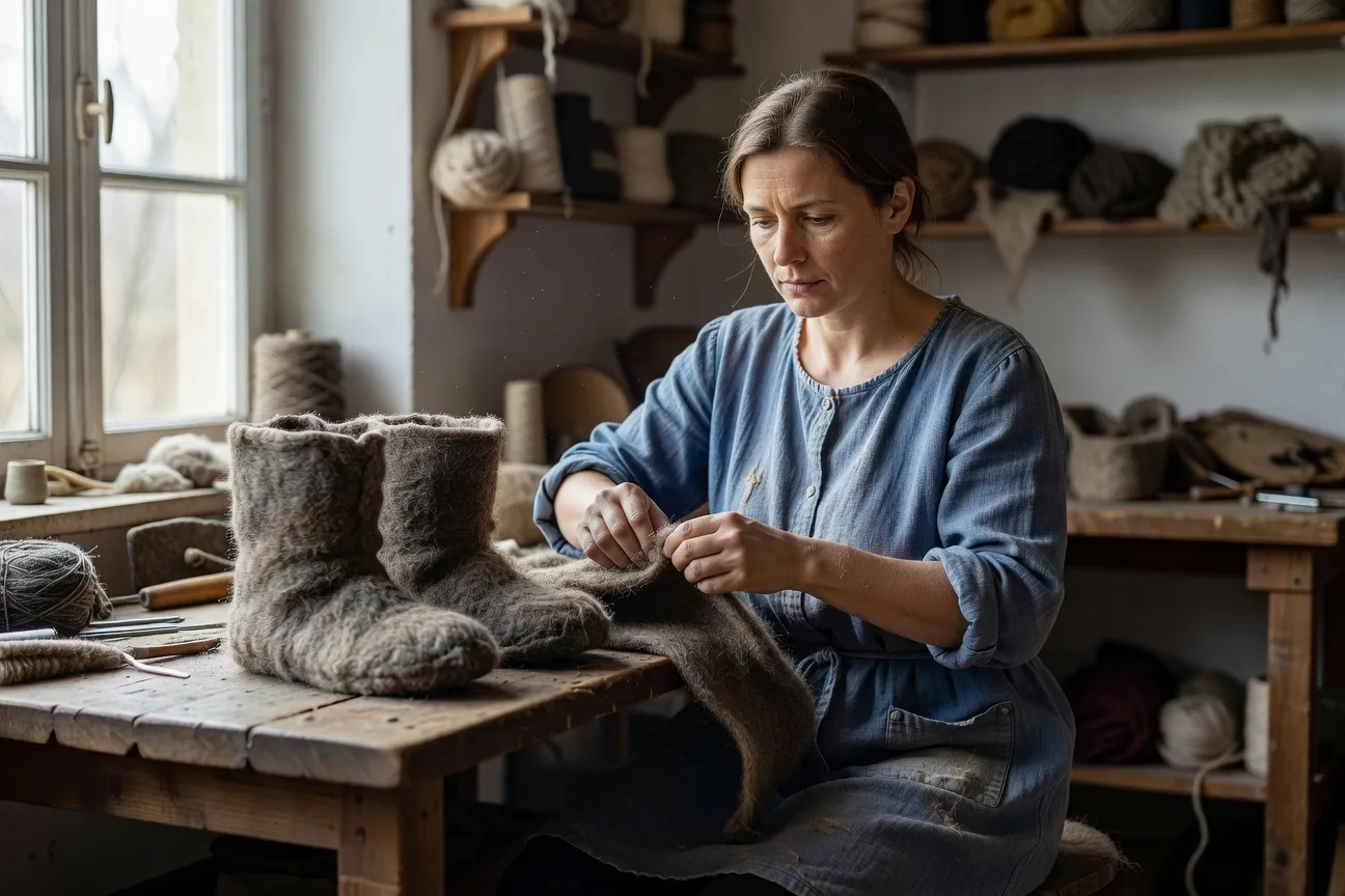 Artisane française feutrant des valenki à la main dans son atelier normand