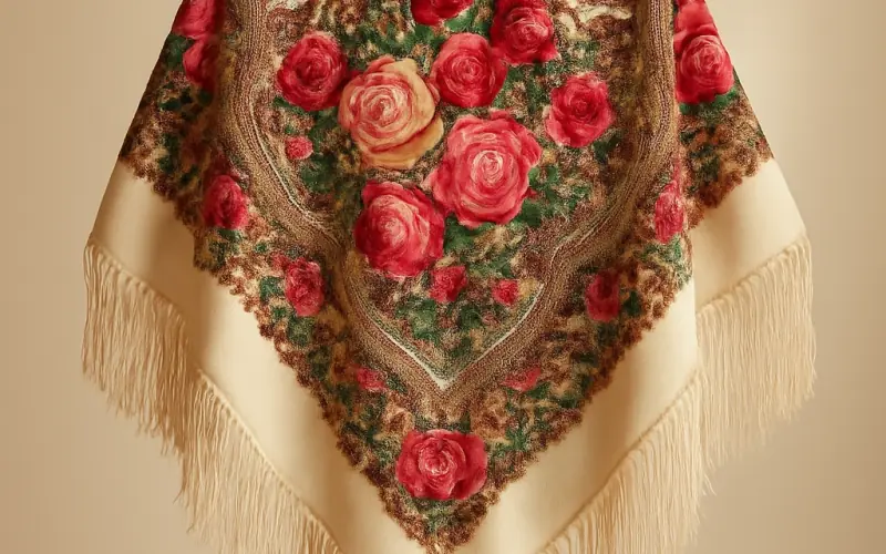 Chale russe floral aux motifs de roses et pivoines traditionnels