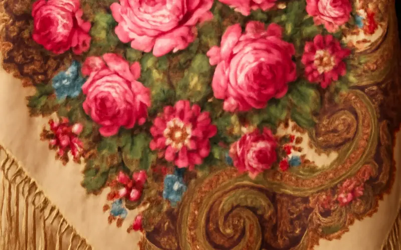 Details des motifs floraux roses et pivoines sur un chale russe