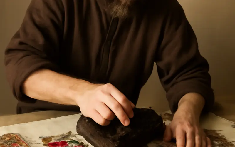 Artisan imprimant les motifs floraux sur un chale russe traditionnel