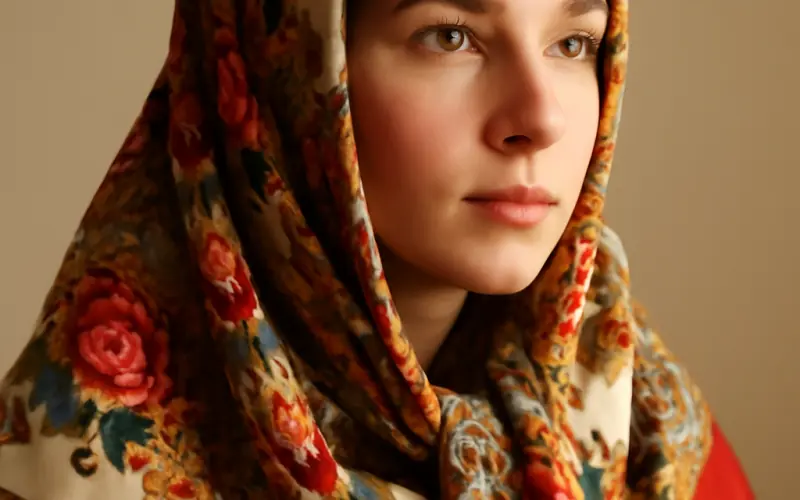 Femme portant un foulard russe traditionnel en soie