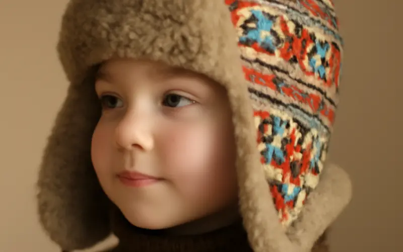 Enfant portant un bonnet russe chaud en laine avec motifs colores