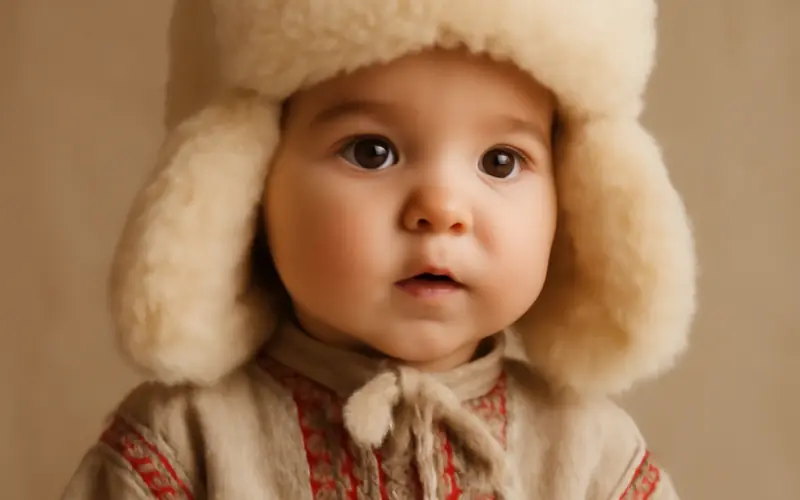 Bebe portant un bonnet russe doux et chaud en laine merinos