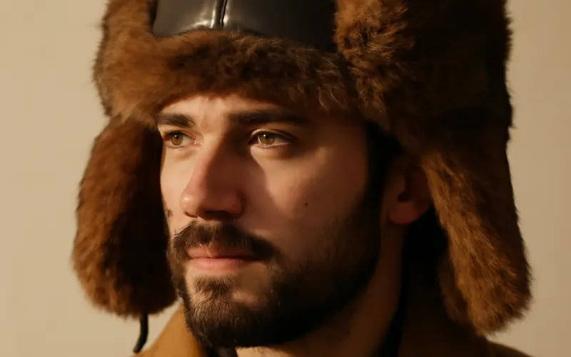 Homme portant un bonnet russe en cuir double fourrure