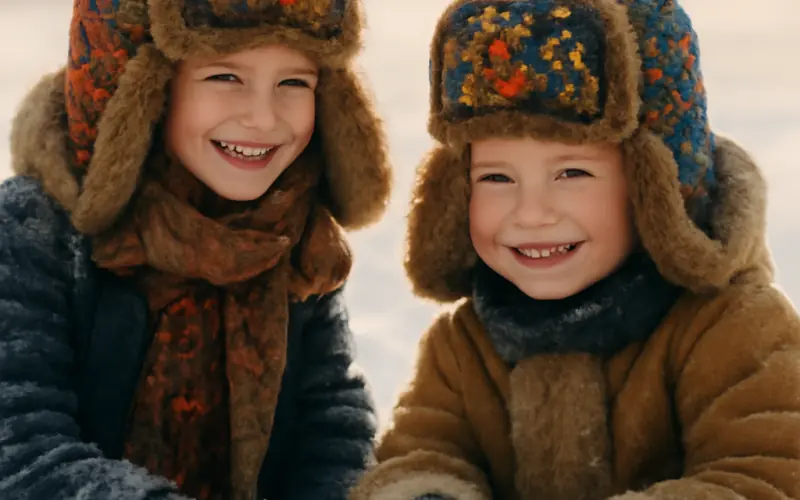 Enfants jouant dans la neige portant des chapkas colorees