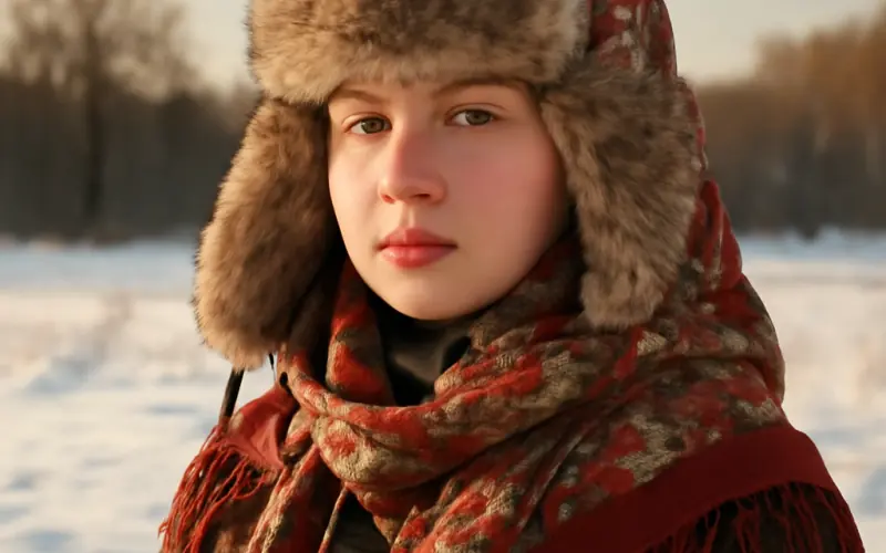 Femme portant une chapka en fausse fourrure dans un paysage hivernal