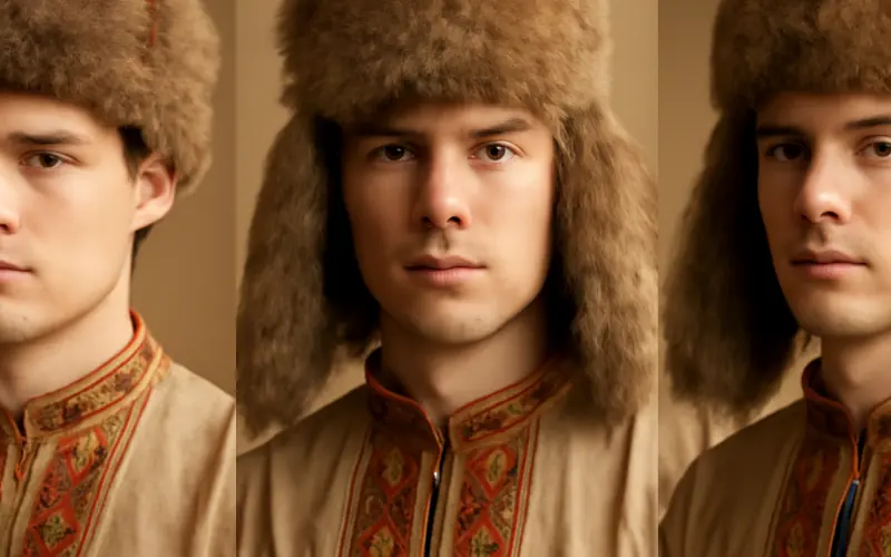 Trois facons de porter l'ouchanka : rabats releves, baisses et pendants