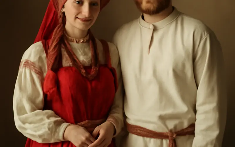 Couple en costume russe traditionnel complet avec sarafan et kosovorotka