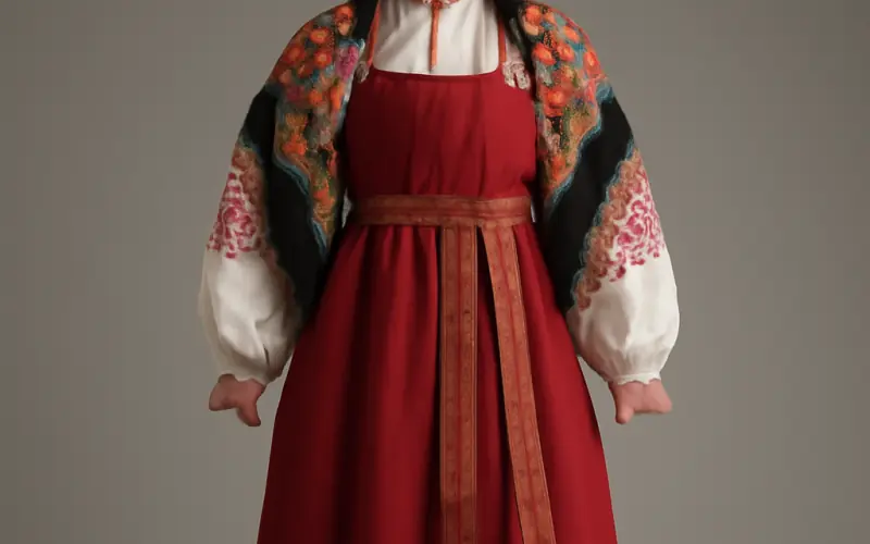 Costume russe femme complet avec sarafan rouge, kokochnik et chale