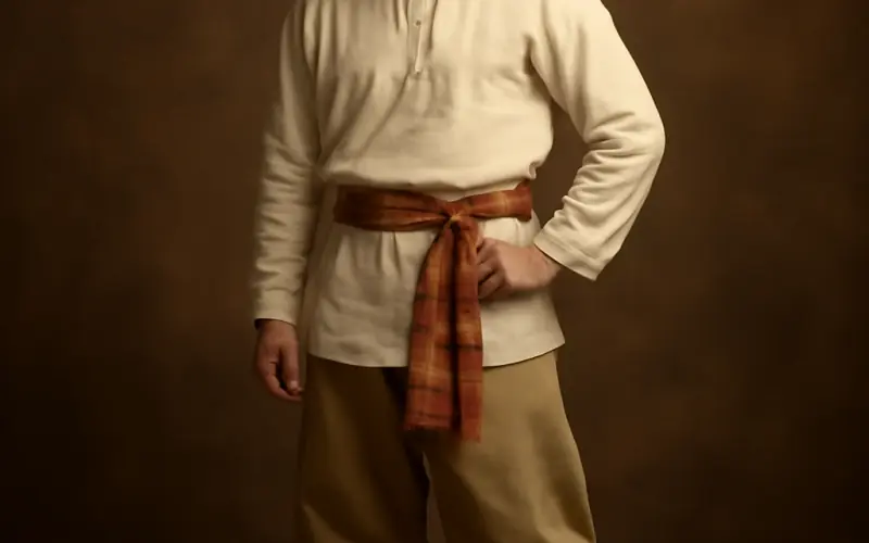 Costume russe masculin traditionnel avec kosovorotka, ceinture et chapka