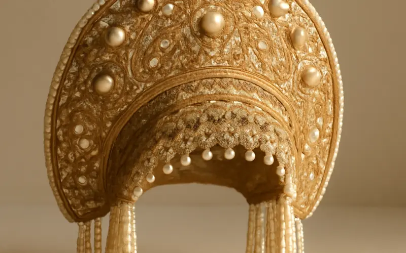 Kokochnik traditionnel russe orne de perles et de broderies dorees