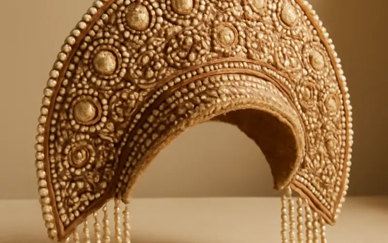 Kokochnik en croissant orne de perles de la region de Novgorod